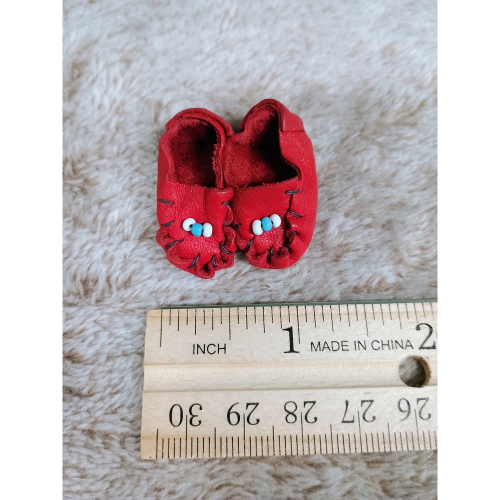 Red Leather Beaded Moccasin Miniature Shoe Pin Brooch Southwestern Folk Art